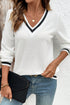 Preppy Waffle Knit V Neck Striped Trim Long Sleeve Top